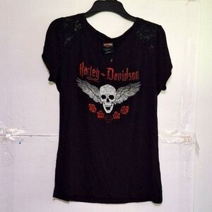 Harley-Davidson Women's Graphic T-shirt Skull, Wings & Roses Biker Motorcycle L